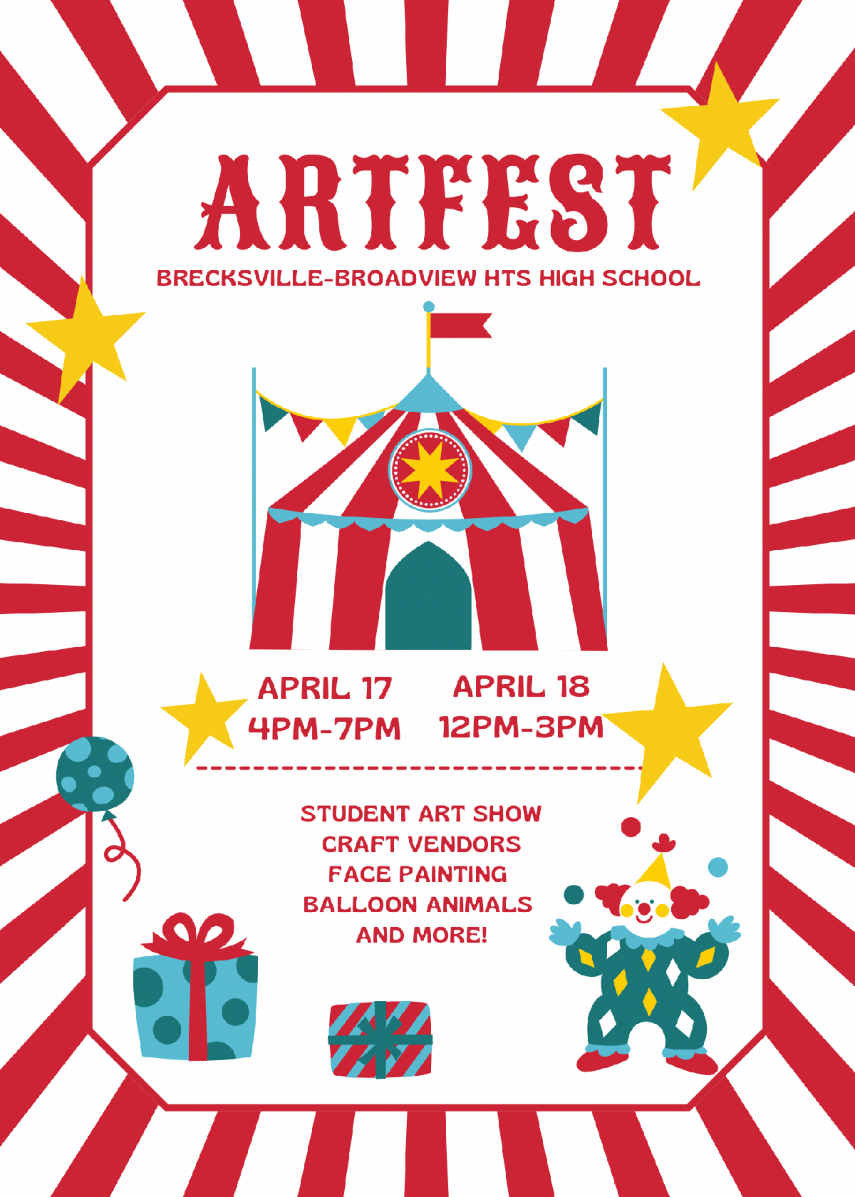 2026 Artfest poster with carnival tent and clown image