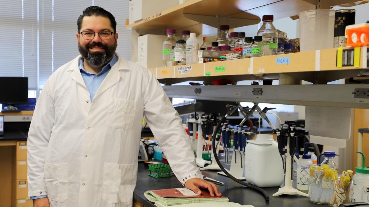 Rowan University researcher Gregory Caputo works in his chemistry laboratory.