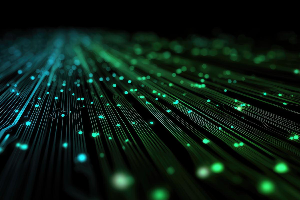 Abstract illustration of glowing blue and green circuit board suggesting connection and technology.