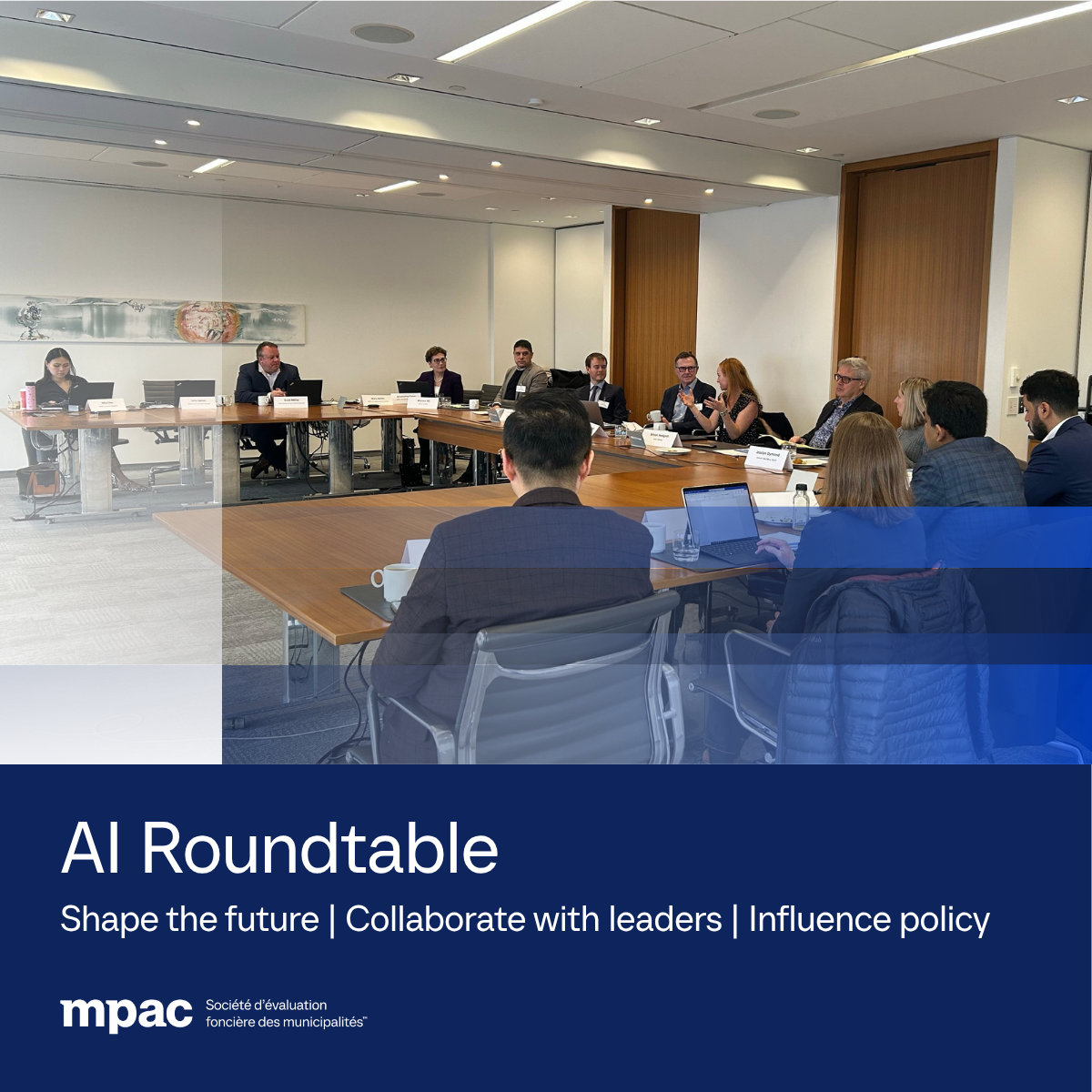 graphic of AI Roundtable meeting photo with the text Shape the future Collaborate with leader Influence policy
