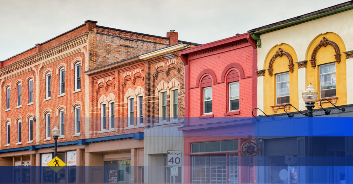 Photo of colourful historic downtown buildings. 
