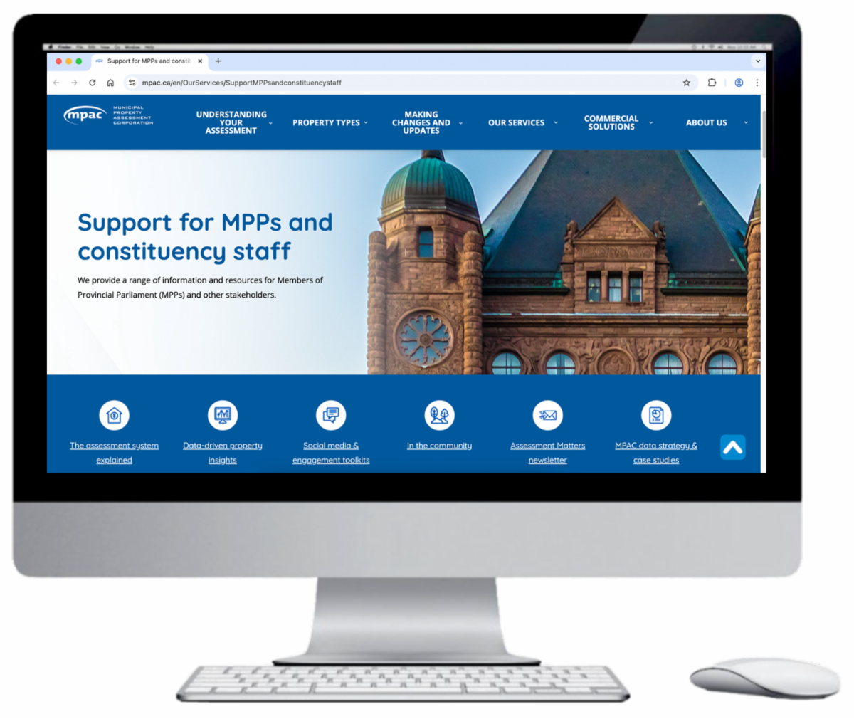 graphic of MPAC's Support for MPPs and Constituency Staff website on a computer screen