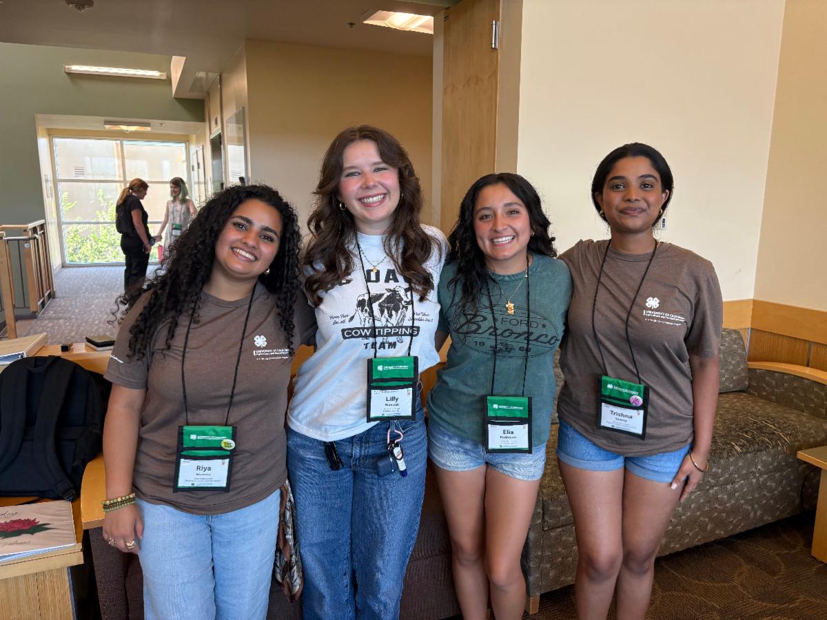Four 4-H youth State Ambassador participants posing together in a lobby environment. There are a couch and a side table behind them. They are smiling and wearing name badges on lanyards. In the background there are 2 people talking at an elevator, with a window behind them.