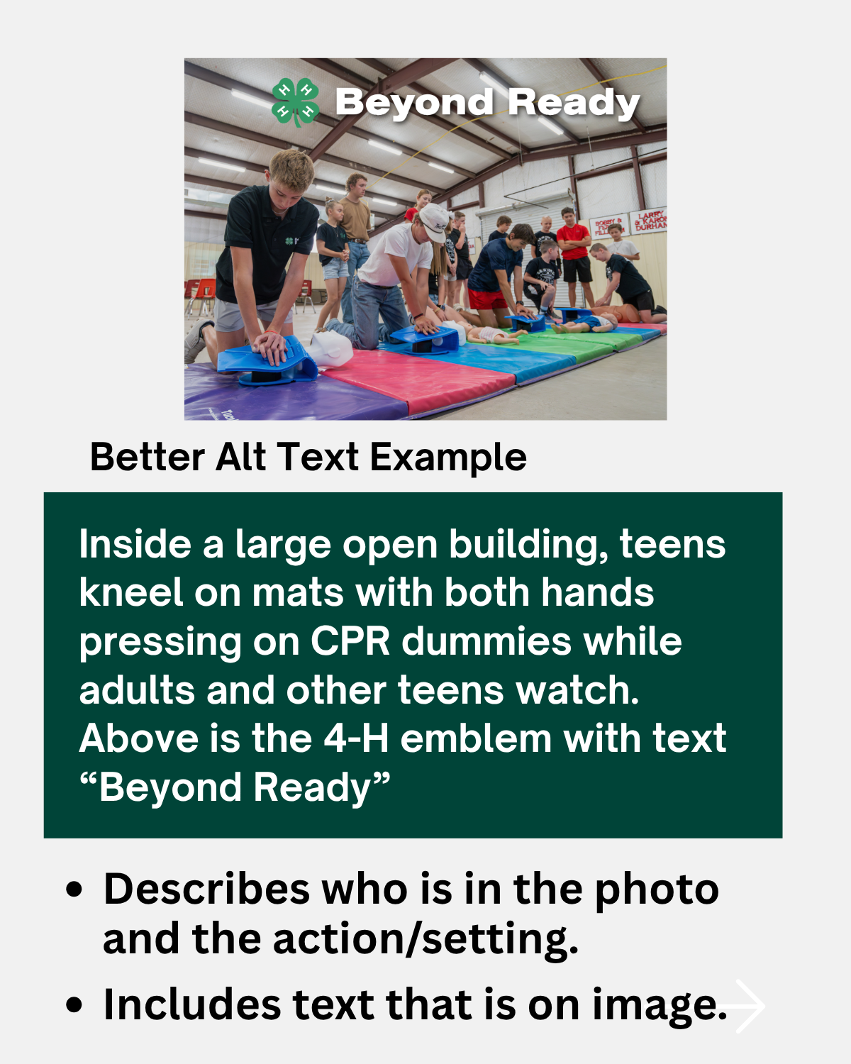 Image show a 4-H Beyond Ready promotional image which includes youth practicing CPR on a multi-colored mat in a well-lit room with others observing. The text reads "Better Alt Text Example" "Inside a large open building, teens kneel on mats with both hands pressing on CPR dummies while adults and other teens watch. Above is the 4-H emblem with the text "Beyond Ready". Bullet points read Describes who is in the photo and the action/setting and includes text that is on image.