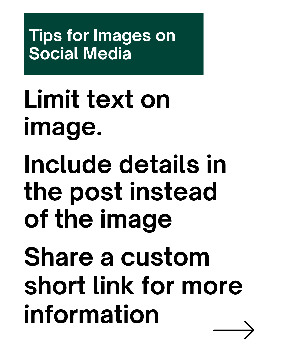 Image reads Tips on Social Media. Limit text on image. Include details in the post instead of the image. Share a custom short link for more information.