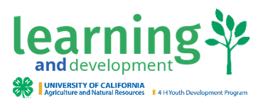 California 4-H “Learning and Development” logo with green text, leaf graphic, and UC ANR and 4-H Youth Development Program branding.