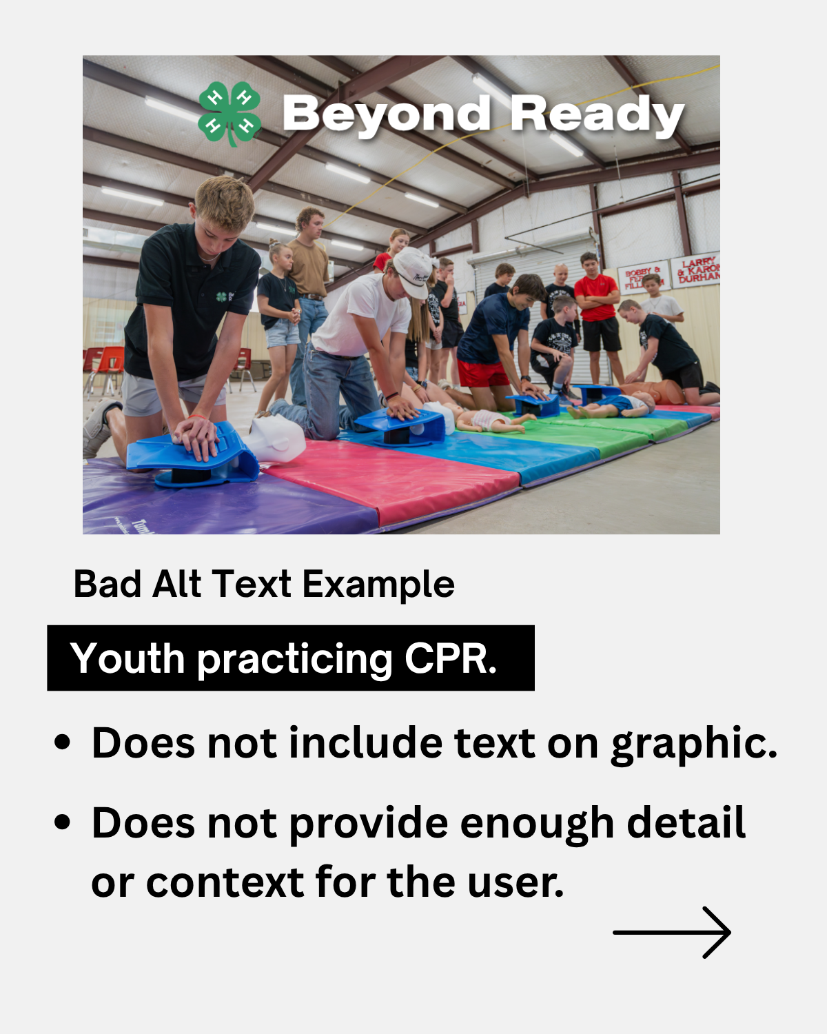 Image shows youth practicing CPR using appropriate equipment, kneeling on a multi-colored safety mat while other individuals obsereve. THe image includes the phrase Beyond Ready and the 4-H clover. The text reads bad alt text example "youth practicing CPR". Bullet points read Does not include text on graphic, does not provide enough detail or context for the user.