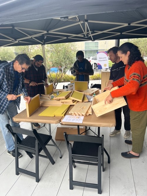Photograph of an outdoor event under a canopy where five people are interacting with wooden pieces they are putting together to create bee boxes. 