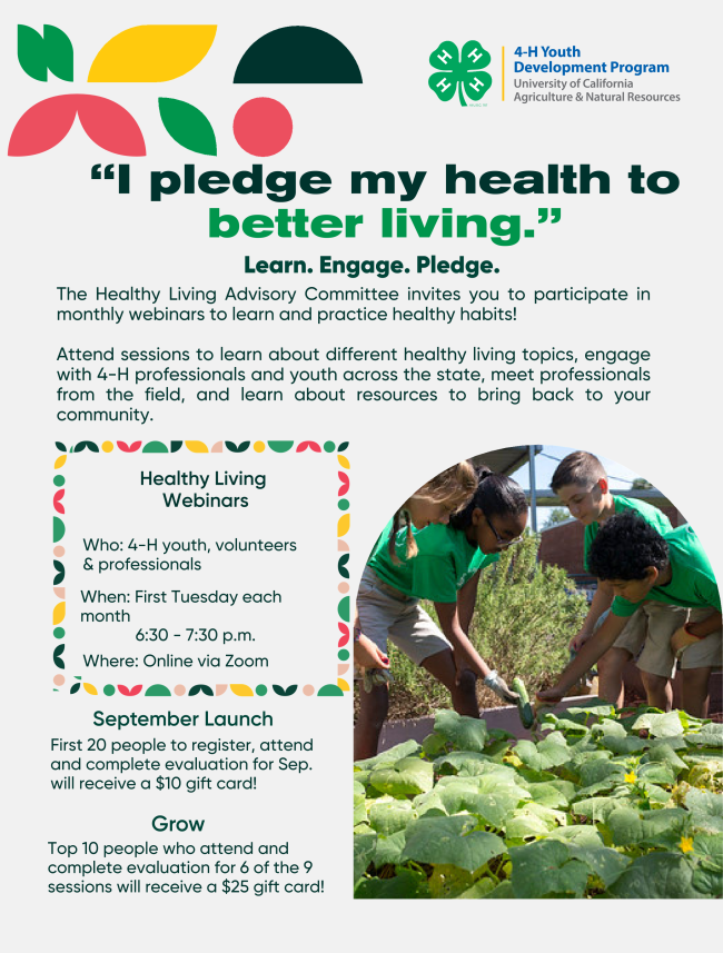 Flyer reads "I pledge my health to better living." Learn. Engage. Pledge. The Healthy Living Advisory Committee invites you to participate in monthly webinars to learn and practice healthy habits! Attend sessions to learn about different healthy living topics, engage with 4-H professionals and youth across the state, meet professionals from the field, and learn about resources to bring back to your community.  Healthy Living Webinars Who: 4-H youth, volunteers & professionals When: First Tuesday each month 6:30 - 7:30 p.m. Where: Online via Zoom  September Launch First 20 people to register, attend and complete evaluation for Sep. will receive a $10 gift card!  Grow Top 10 people who attend and complete evaluation for 6 of the 9 sessions will receive a $25 gift card!