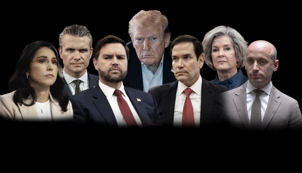 Photo collage of Donald Trump and six members of his cabinet, including Tulsi Gabbard, Pete Hegseth, and J.D. Vance.
