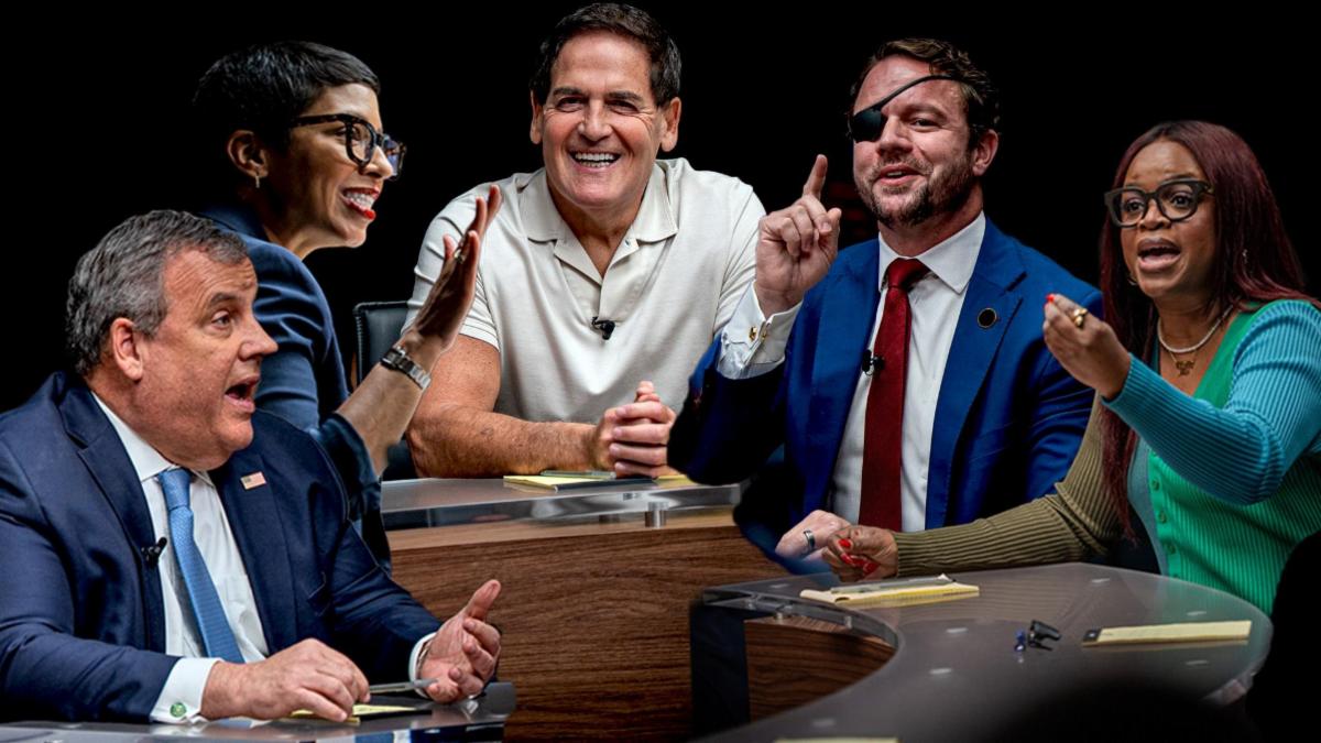 Graphic showing 5 men and women talking and gesturing behind glass desks
