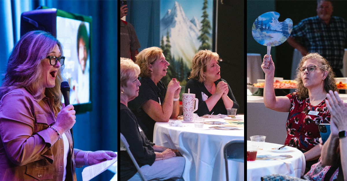 Three photos of people at the auction watch party holding paddles with the painting printed on them and a woman addressing the crowd