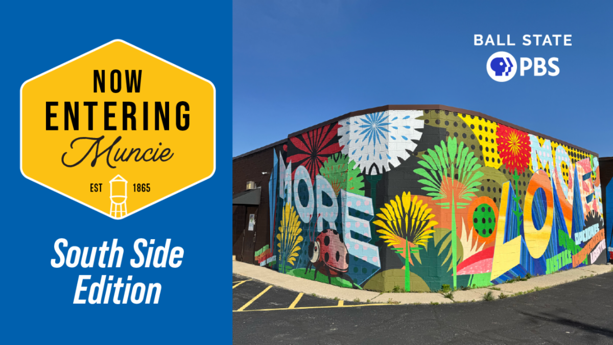 Promo graphic for Now Entering South Muncie and a photo of a building with a colorful mural