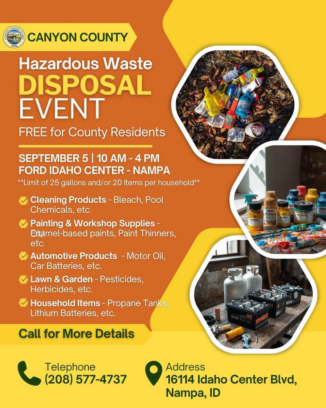 canyon county hazardous waste disposal sept 5 10am-4pm ford idaho center