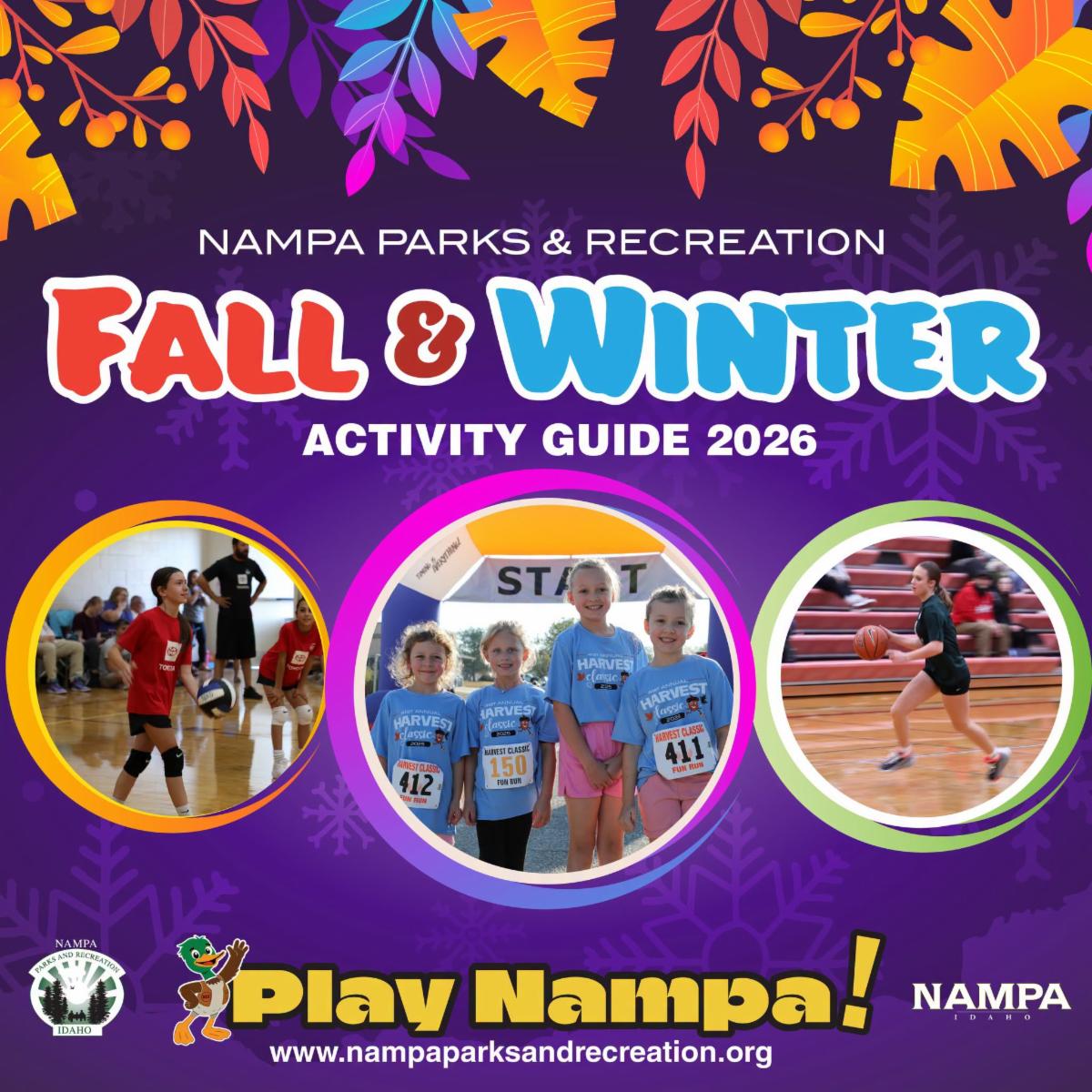 Nampa Parks and Rec Fall & Winter Guide 2026 with photos of kids enjoying sports outside