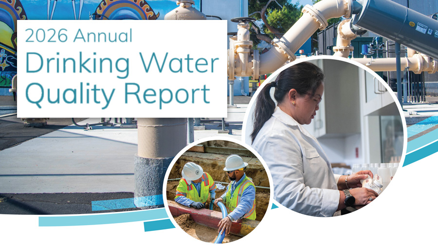 2026 Annual Drinking Water Quality Report. Featuring images of a woman in a lab coat testing water, two PWP workers replacing pipes in a trench and above ground pipes at Parke Groundwater Well.