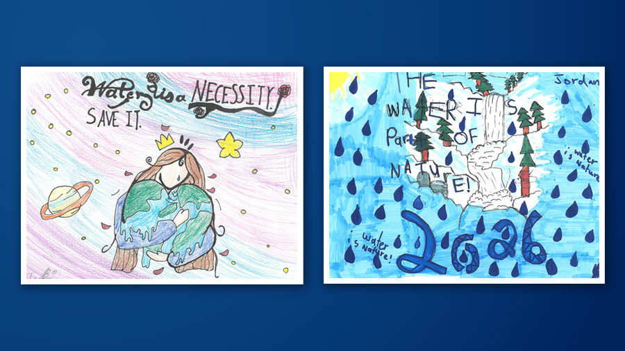 Two children's illustrations featuring water-saving messages. One features a woman hugging a heart-shaped earth with the text, "Water is a Necessity. Save it." Another features a waterfall and rain drops and the text, "The water is part of nature 2026."