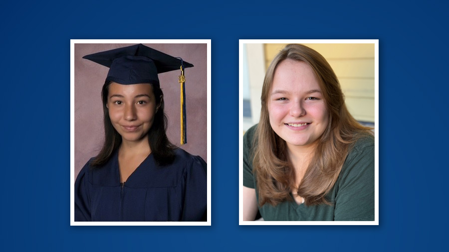 Two portraits of young women. One has a graduation cap and gown. Another has blonde shoulder length hair.