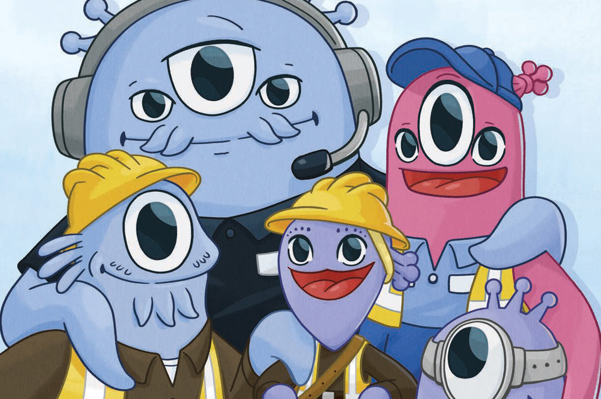 An illustration of a family of aliens dressed in different uniforms of utility workers