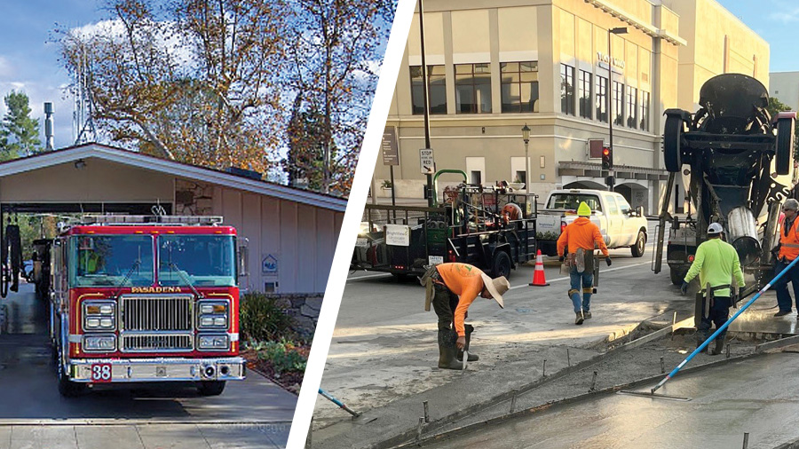 Two separated photographs of a firetruck and Public Works workers filling in a city street with concrete