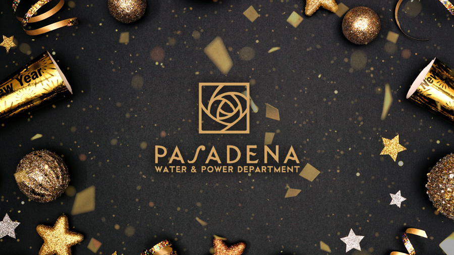 Pasadena Water and Power logo on a black background with gold confetti