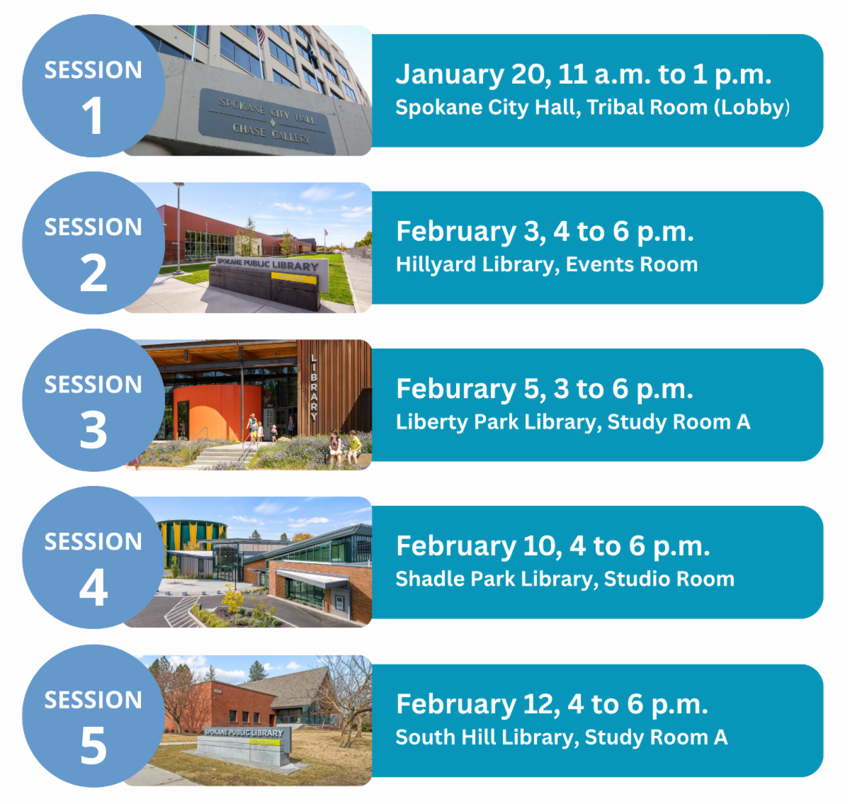 ⦁	Session 1 ⦁	When:&nbsp;January 20, 11 a.m. to 1 p.m. ⦁	Where:&nbsp;Spokane City Hall, Tribal Room (Lobby) ⦁	Session 2 ⦁	When:&nbsp;February 3, 4 to 6 p.m. ⦁	Where:&nbsp;Hillyard Library, Events Room ⦁	Session 3 ⦁	When:&nbsp;February 5, 3 to 6 p.m. ⦁	Where:&nbsp;Liberty Park Library, Study Room A&nbsp; ⦁	Session 4 ⦁	When:&nbsp;February 10, 4 to 6 p.m. ⦁	Where:&nbsp;Shadle Park Library, Studio Room ⦁	Session 5 ⦁	When:&nbsp;February 12, 4 to 6 pm. ⦁	Where:&nbsp;South Hill Library, Study Room A