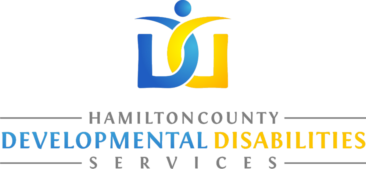 DD on top in shades of blue and yellow, stylized to look like a person with raised arms. Words below say Hamilton County Developmental Disabilities Services in gray, blue and yellow.