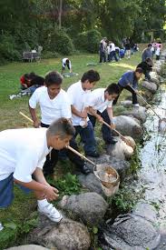%th-grade students from Harms Elementary scoop things from the Rose Garden Pond with dip nets.