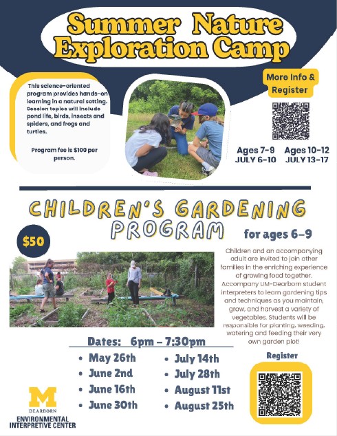 A flyer promoting two programs: the children's gardening program and the summer science exploration camps.