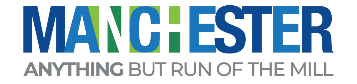MEDO Manchester logo in shades of blue and green, with the letters NH in white outline