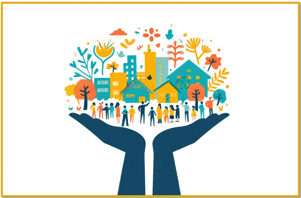 Illustration of open hands holding a community