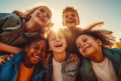 Group of diverse cheerful fun happy multiethnic children outdoors created with Generative AI technology