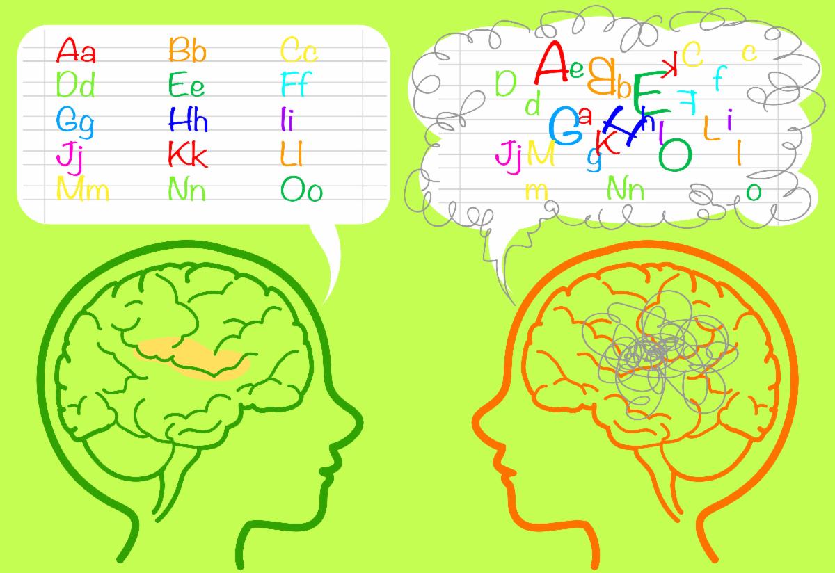 The brain of a boy with dyslexia is confused about letters. Vector illustration.