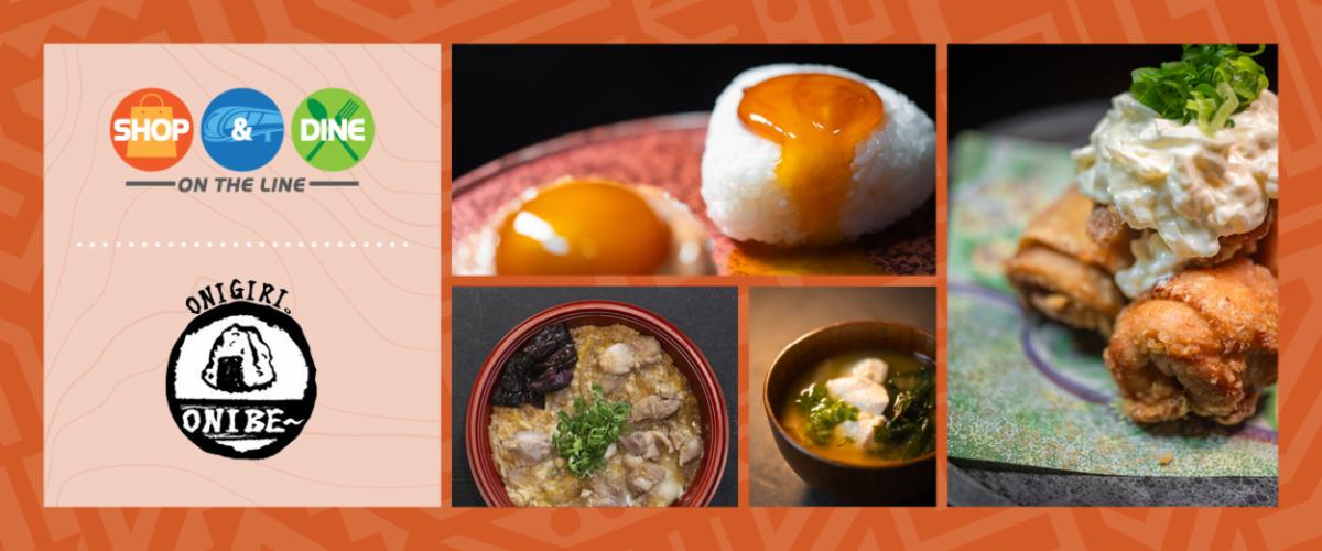 Collage photos (musubi, fried chicken, chicken donburi, and miso soup) of Onigiri Onibe food items