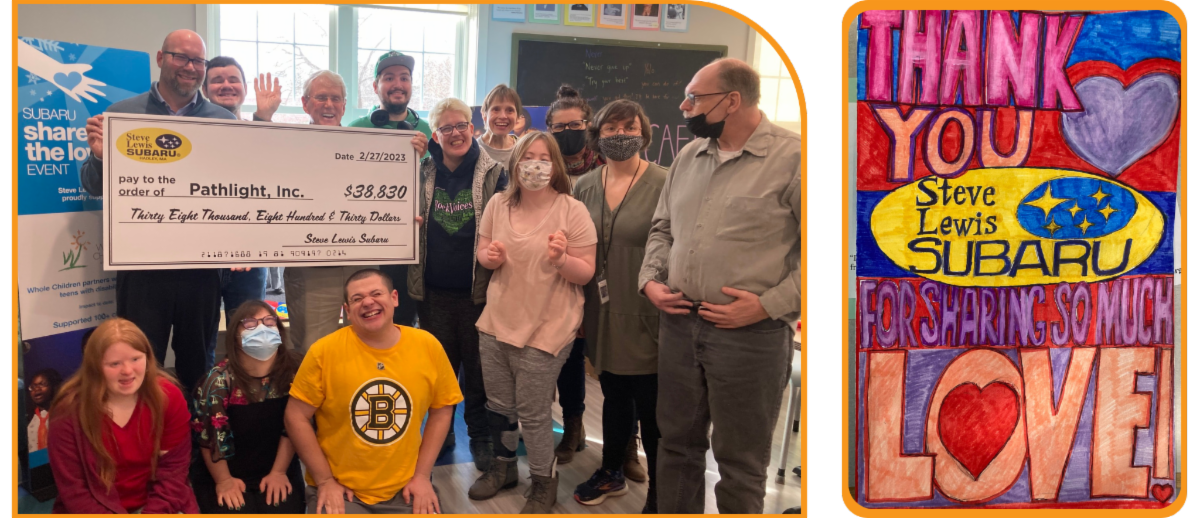 Students gather around an oversized check from Steve Lewis Suburu