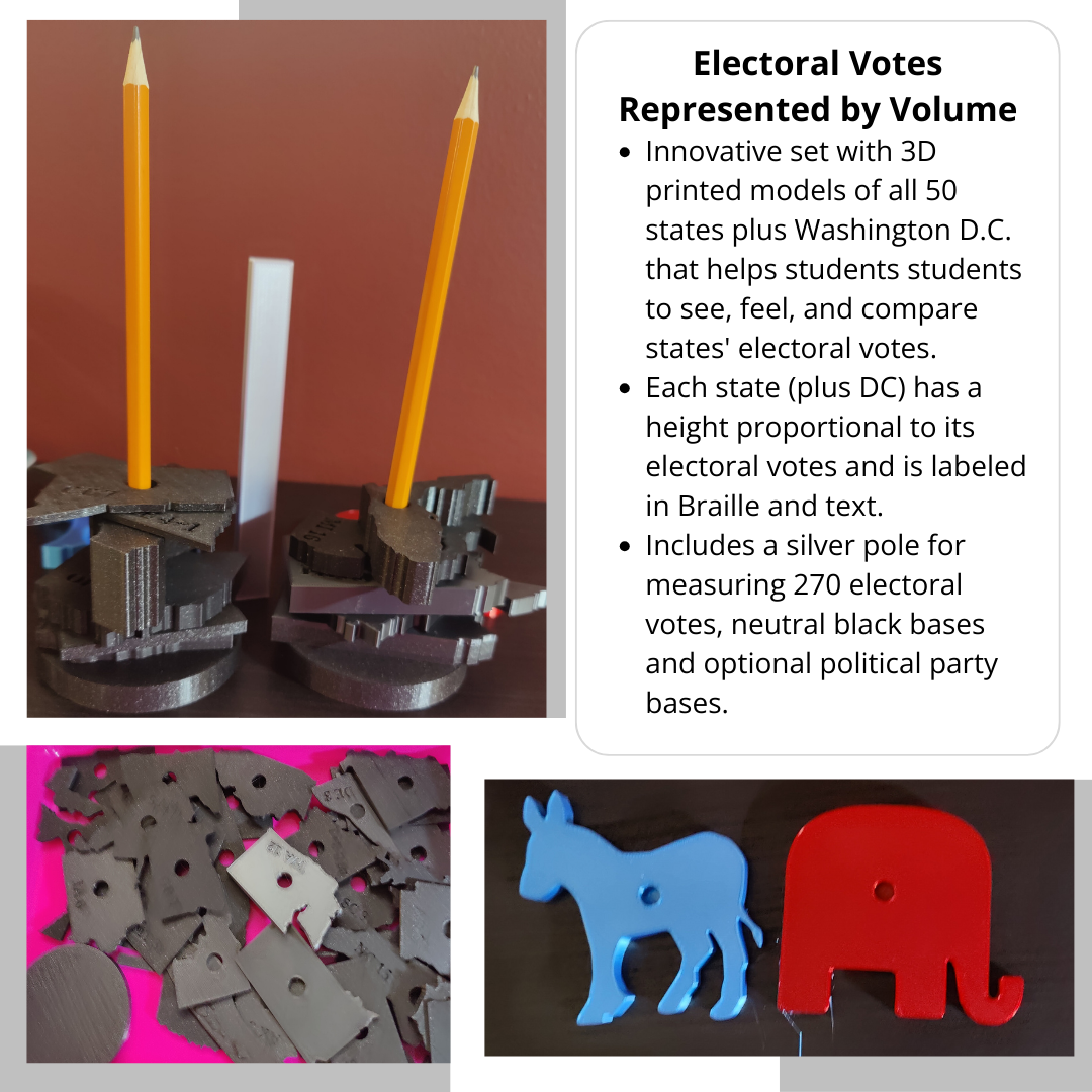 Electoral Votes Represented by Volume Innovative set with 3D printed models of all 50 states plus Washington D.C. that helps students students to see, feel, and compare states' electoral votes. Each state (plus DC) has a height proportional to its electoral votes and is labeled in Braille and text. Includes a silver pole for measuring 270 electoral votes, neutral black bases and optional political party bases.