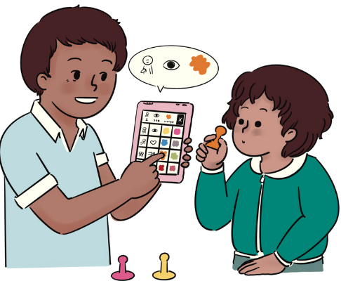 Child using AAC to communicate with another person