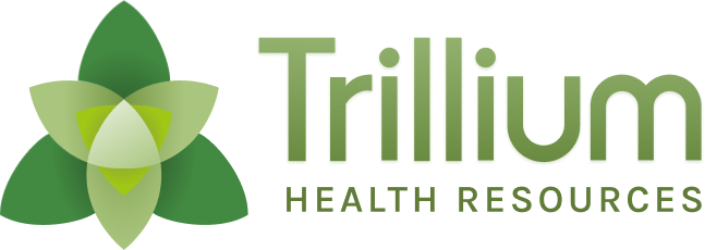 An image of a stylized Trillium flower design in green tones. Trillium Health Resources logo