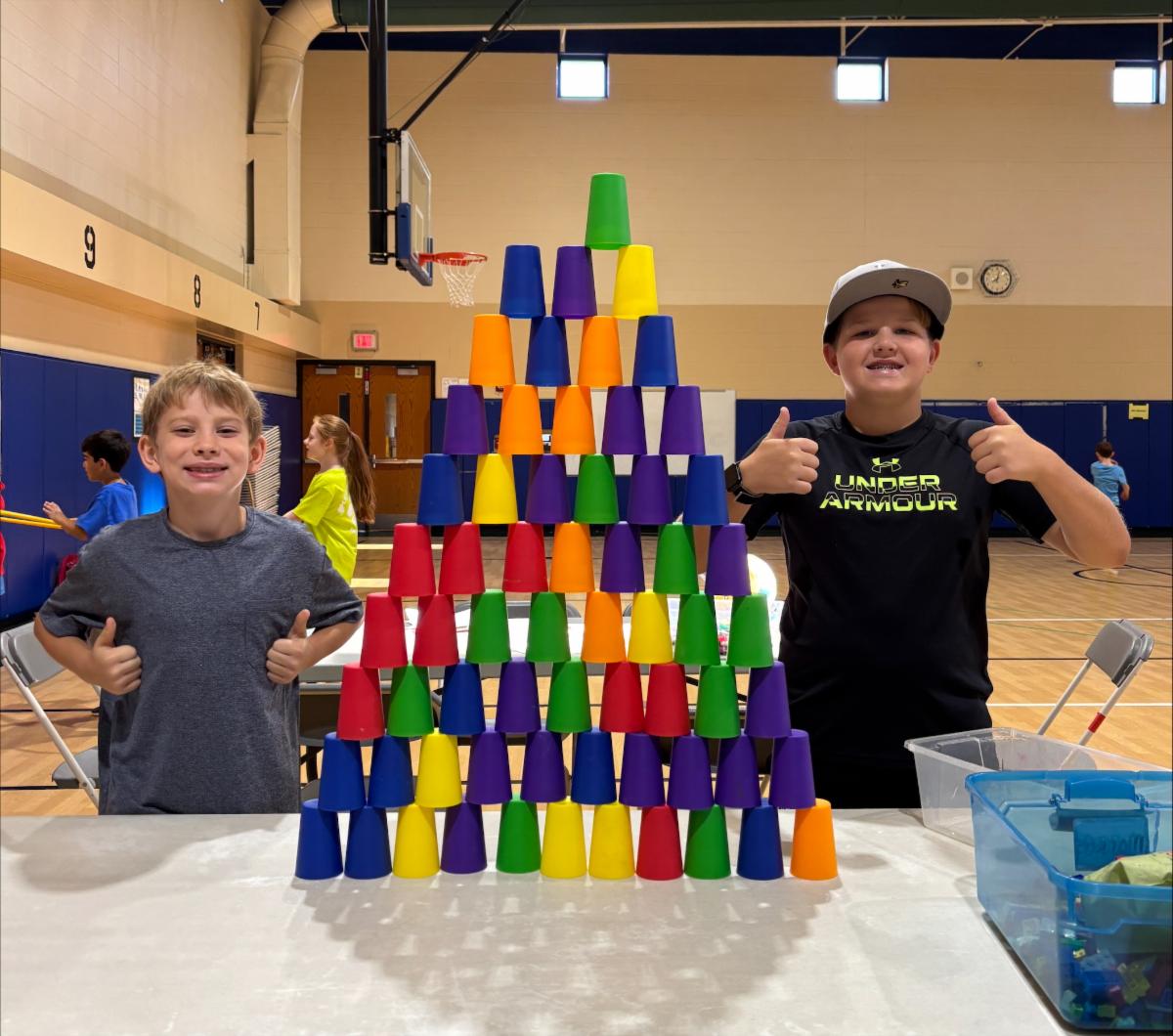 Kids in the Gym with Cup Tower