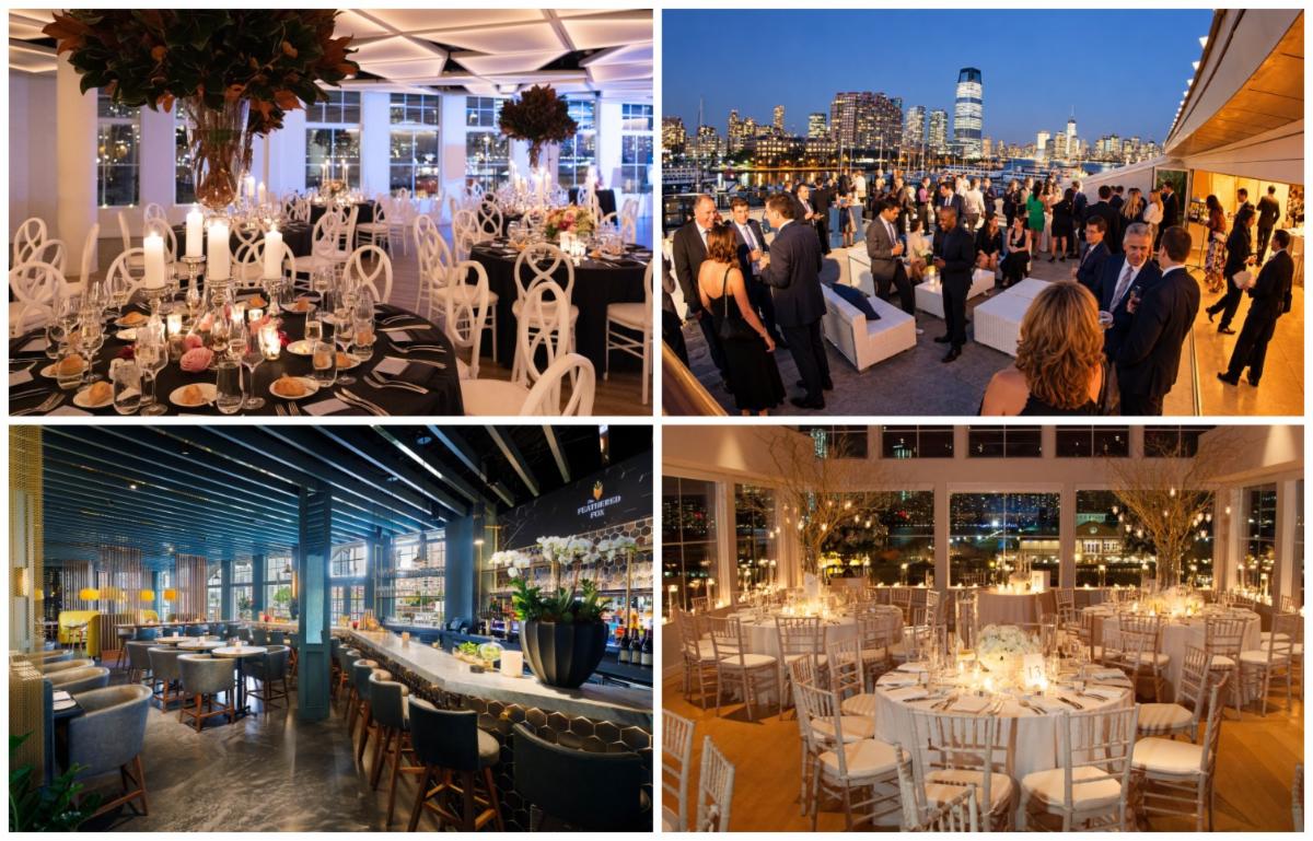 Maritime Parc event spaces: candlelit dinner, skyline terrace reception, The Feathered Fox bar, and waterfront dining room