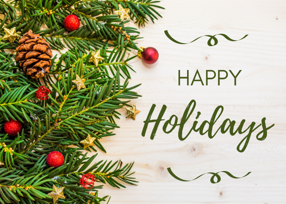 Card with Christmas tree branches and ornaments reading, "Happy Holidays."