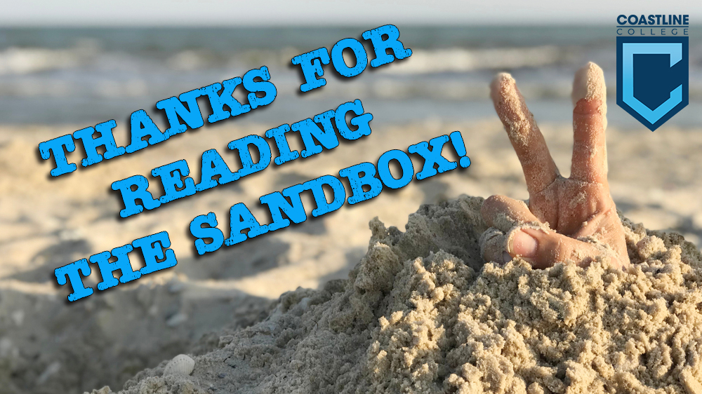 Thanks for reading The Sandbox! Image of a hand holding the 2-fingered "peace" hand sign emerging from the sand at the beach