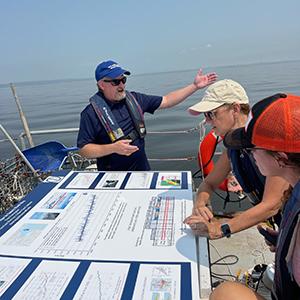 A discussion between three people on a vessel