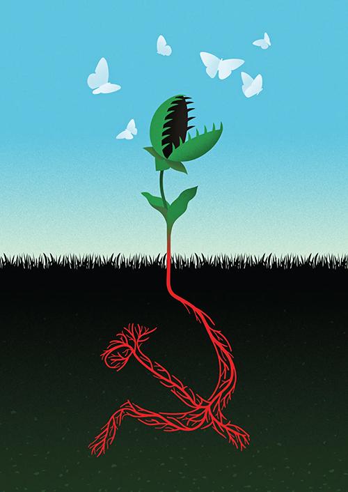 Illustration of a plant sprouting with a sickle and hammer for roots