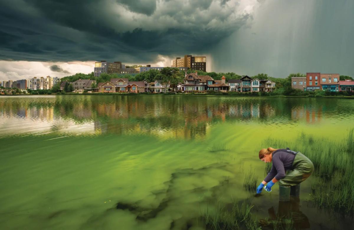 An illustration of a person collecting a water sample from a lake filled with green cyanobacteria.