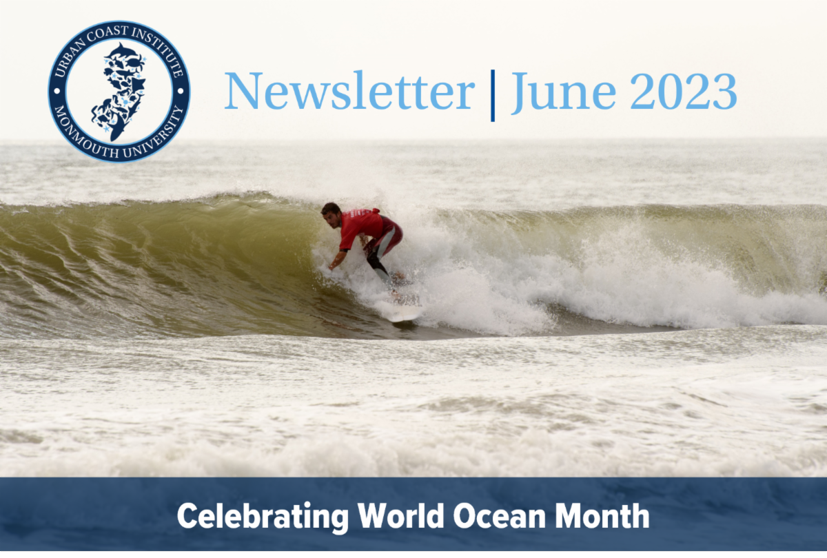 Image of surfer with text reading: UCI Newsletter ? June 2023. Celebrating World Ocean Month