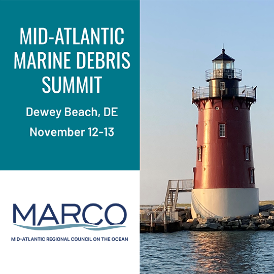 A photo of a lighthouse with text reading Mid-Atlantic Marine Debris Summit