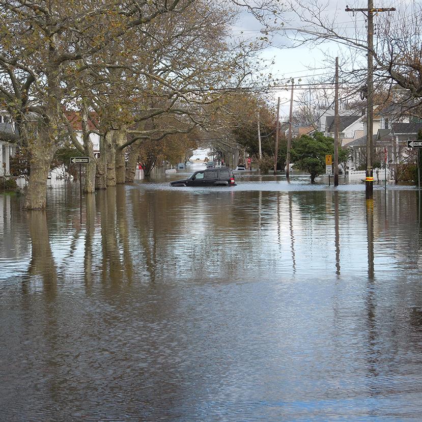 A flooded neighborhood street