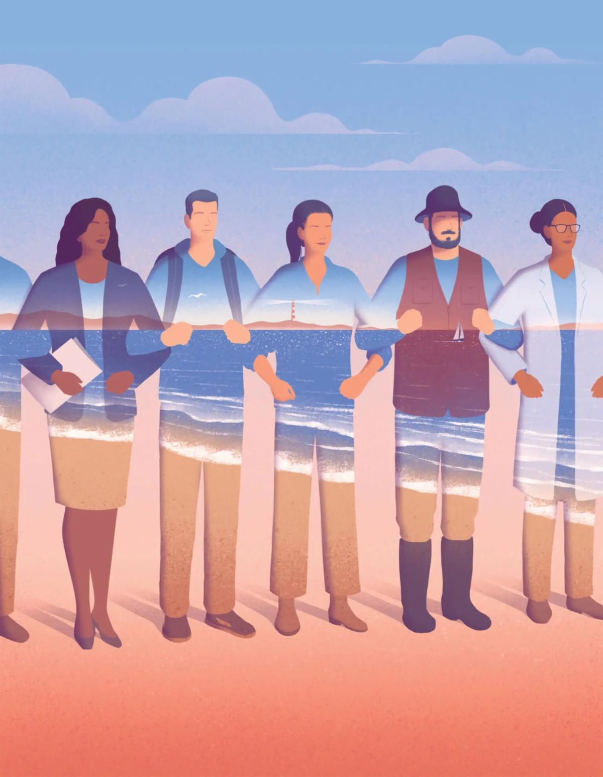An illustration of several people with arms locked across a beach