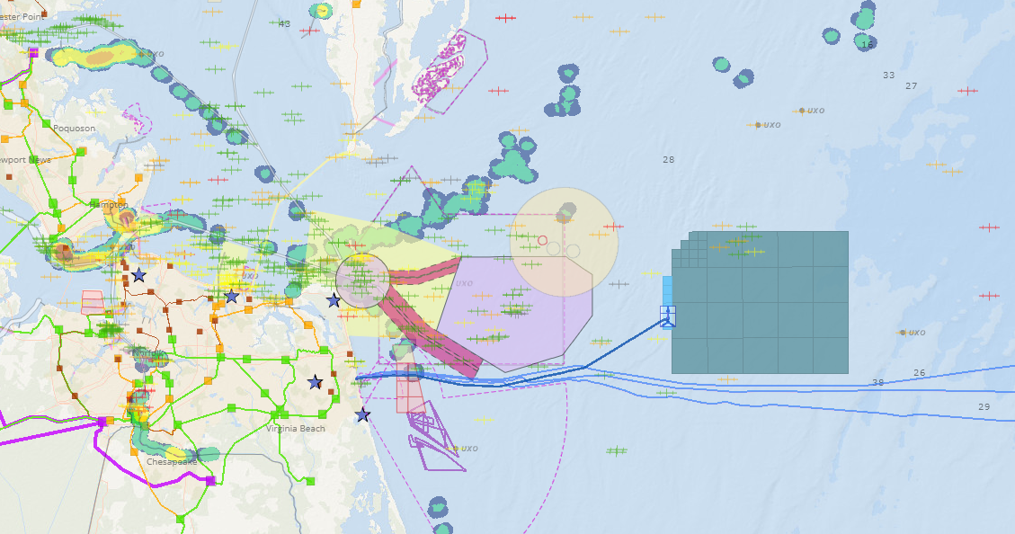 A map showing a transmission cable leading from offshore wind turbines to shore in Virginia Beach.